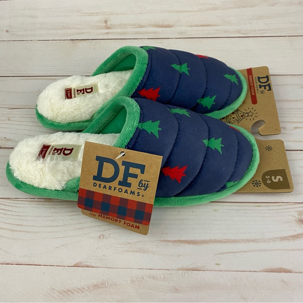 New DF Dearfoams Christmas Tree Scuff Slippers Memory Foam Size S 5-6 - Picture 5 of 9